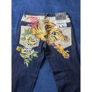 Vtg Kanji Premium Indigo Denim Jeans Mens 34x34 Y2K Baggy Custom Tiger Embroider